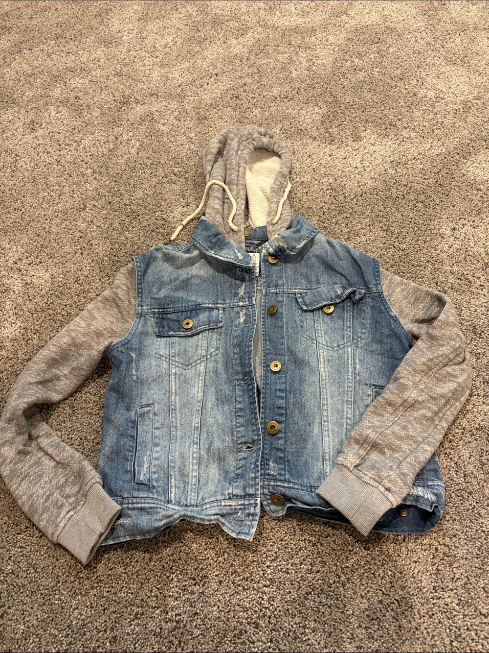 Billabong Blue Denim Jacket with Gray Knit Hood & Sleeves